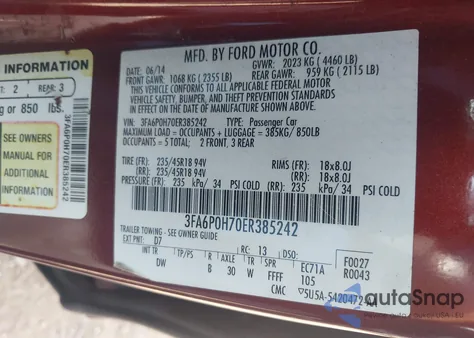 2014 Ford Fusion Se from USA, damaged, VIN 3FA6P0H70ER385242